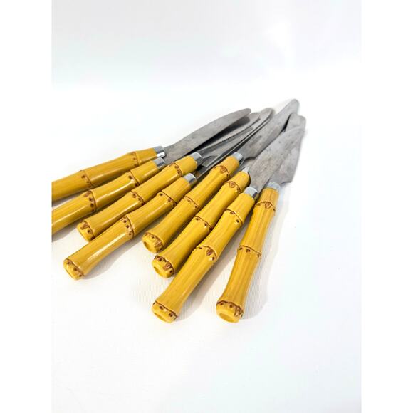 Plastic Bamboo Stainless Flatware Set 24pc Service for 8 Tropical Unique Forks - Picture 3 of 8